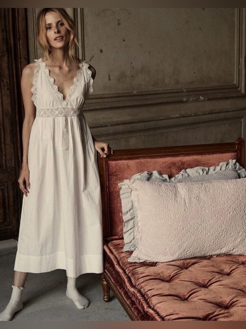 Doen | Slate Nightgown in Powder White Cotton Crochet Midi Dress S